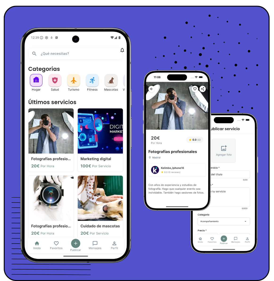 Hero de la home mostrando home de la app, ficha de servicio y publicar servicio