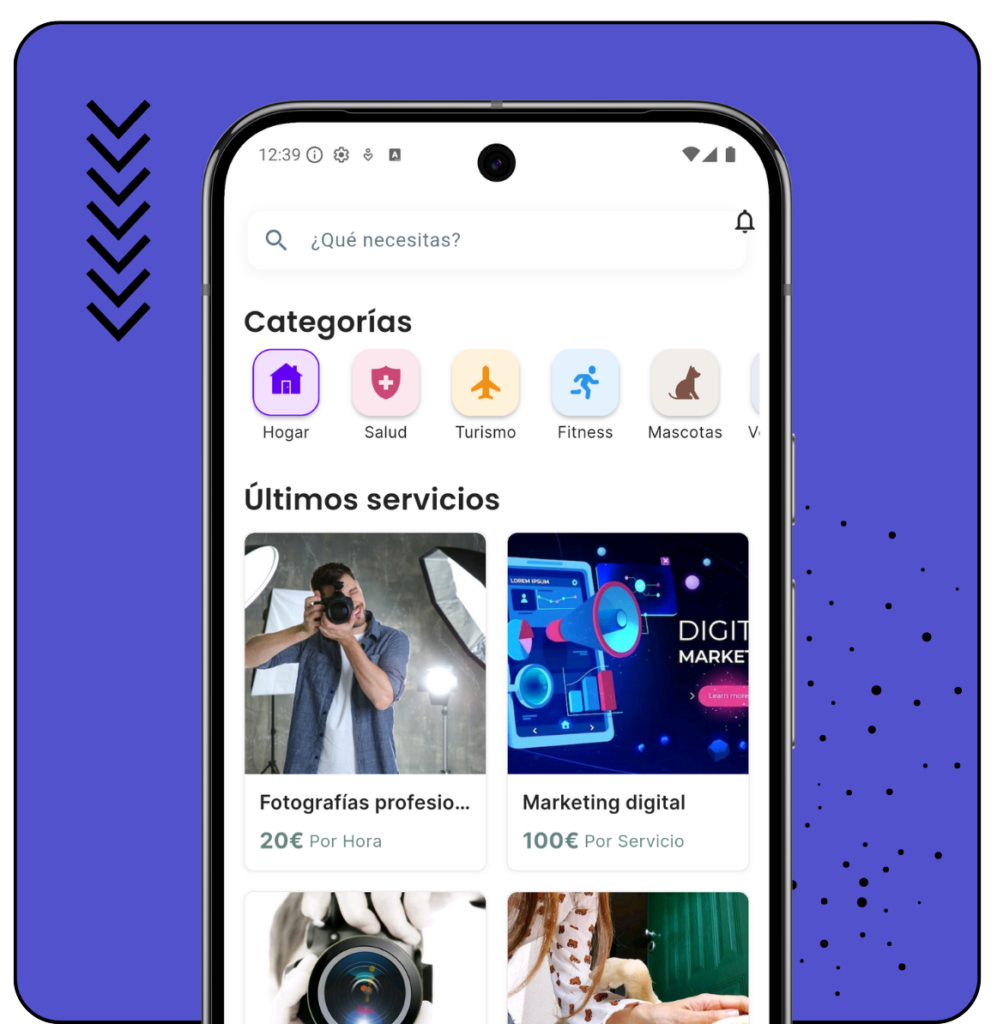 Pantalla principal de la app mostrando últimos servicios publicados, buscador y categorías