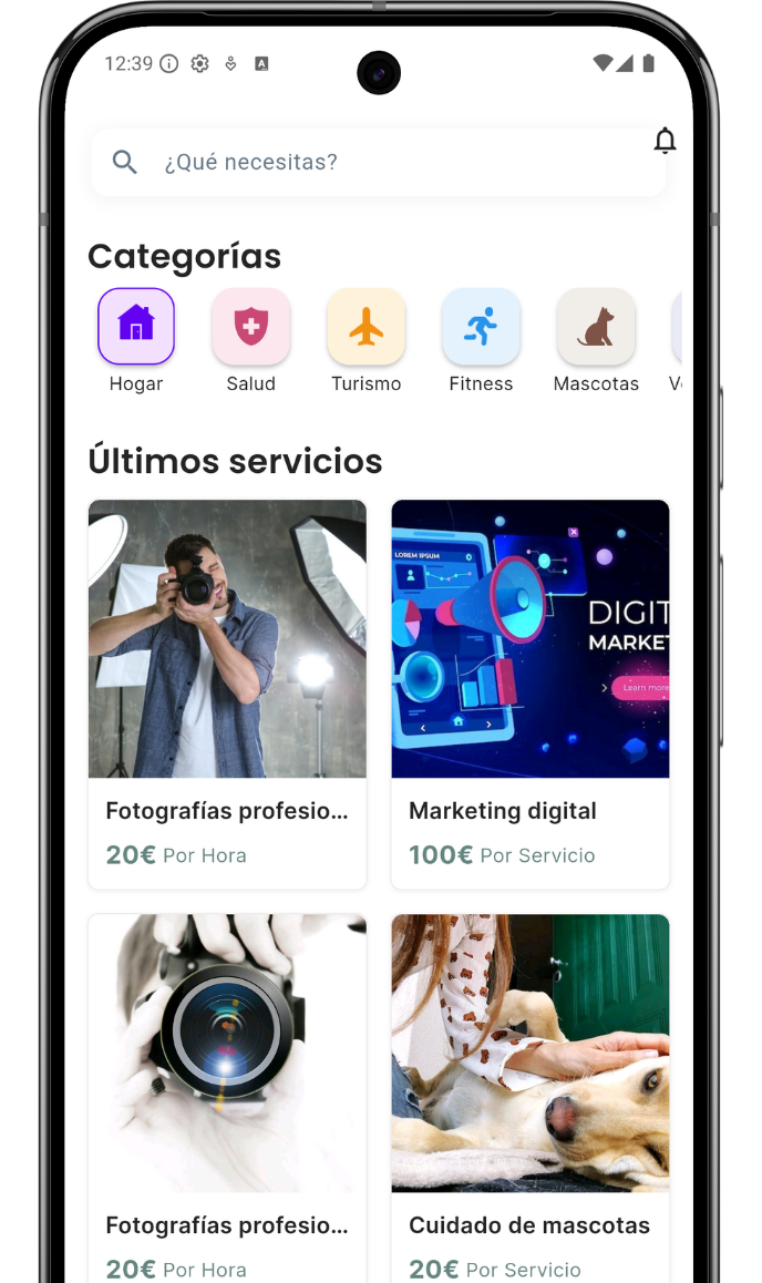 Pantalla principal de la app mostrando últimos servicios publicados, buscador y categorías